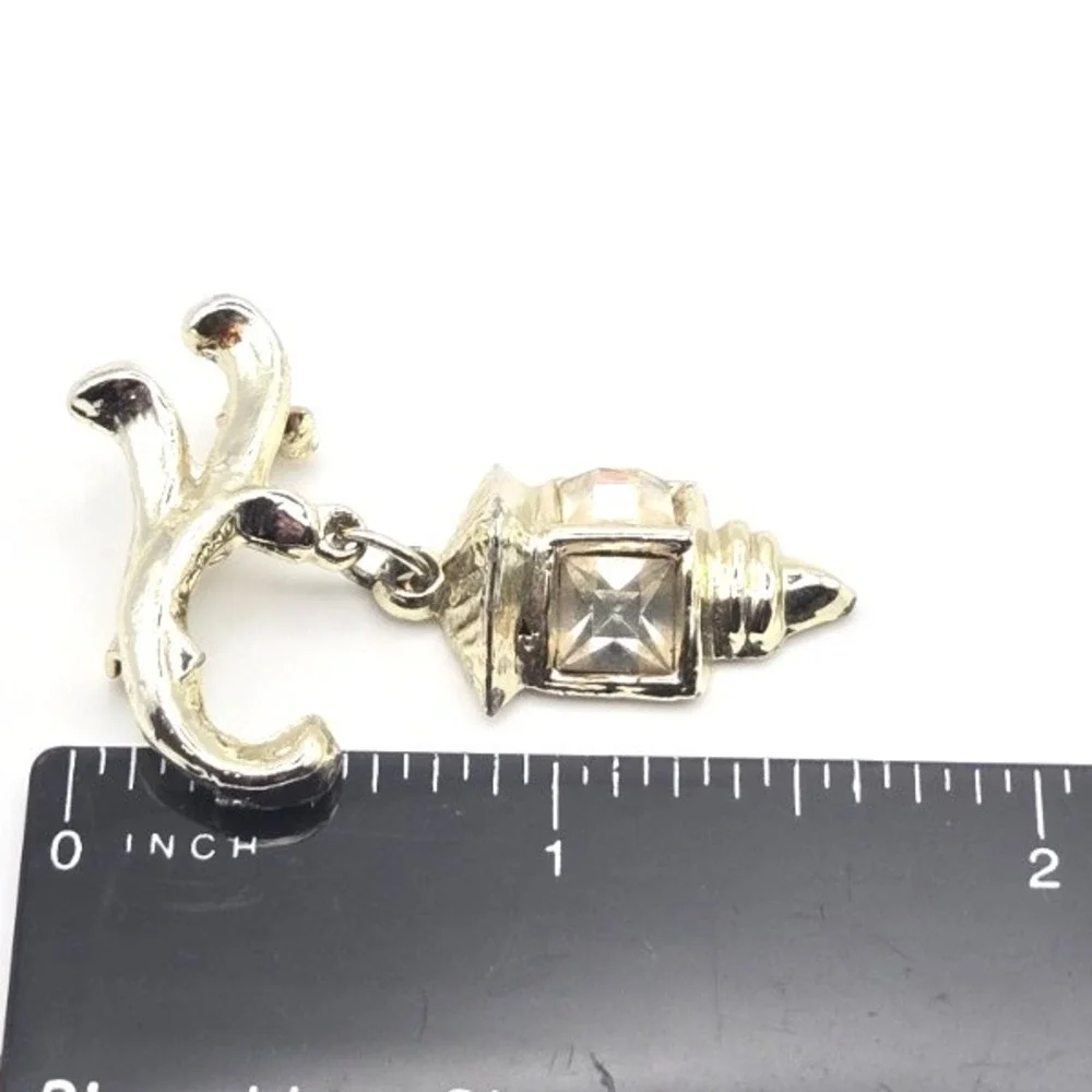 Vintage Silver Tone Lamp Charm Brooch with Rhinestones Movable Dangle‎ Accent
